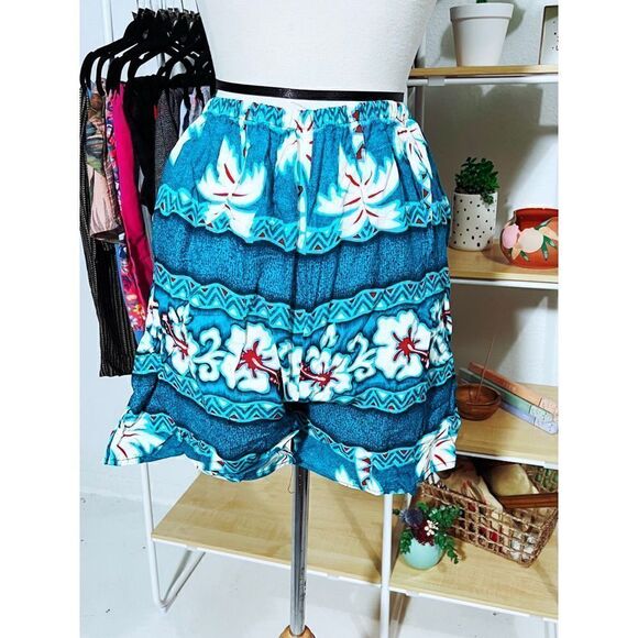 Vintage Ocean Blue Floral Beach Coverup Shorts - Picture 3 of 5